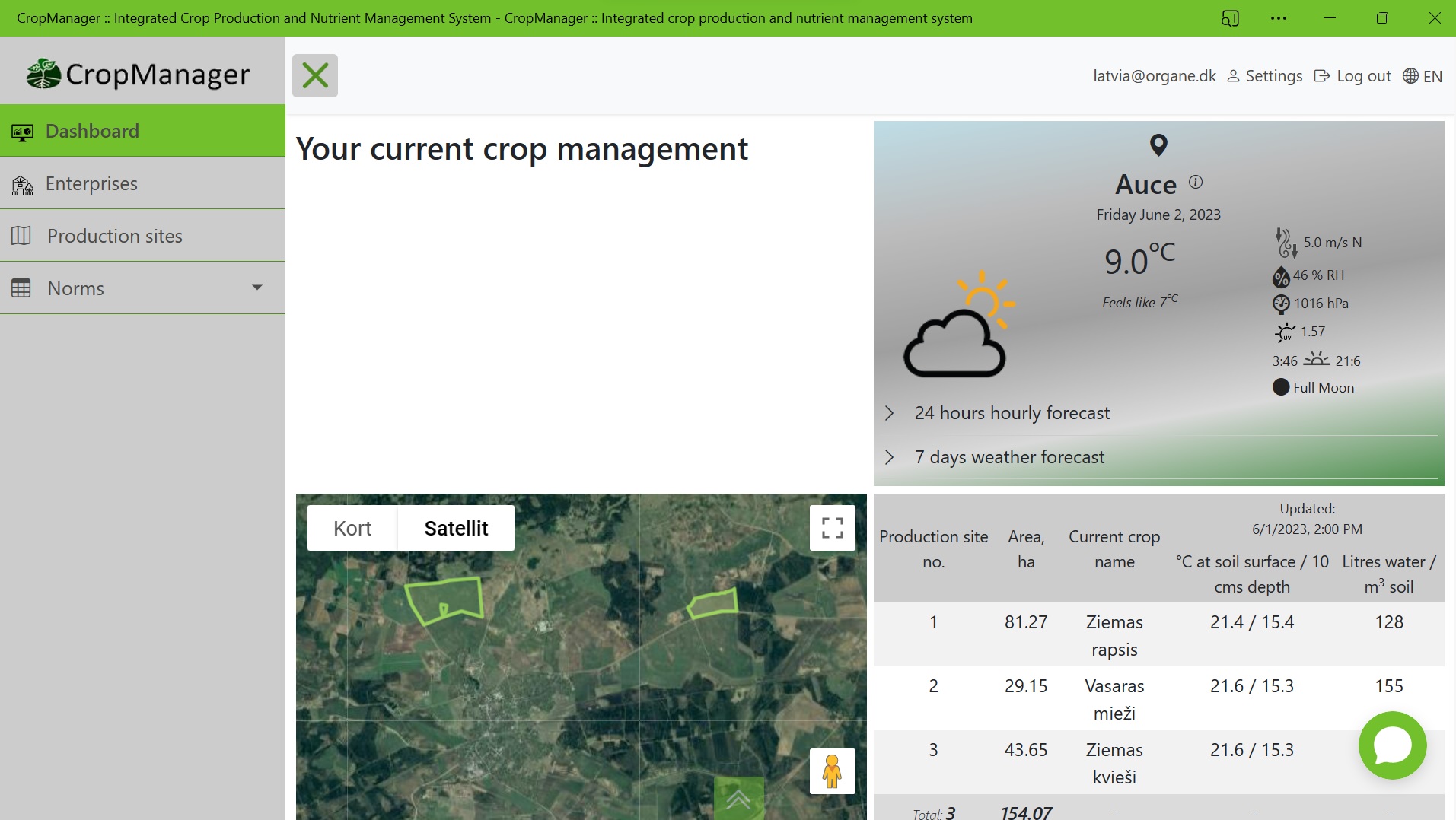 CropManagers dashboard gives a quick overview of the present crop production, and is the users entry to do planning, registration or printing of reports.  